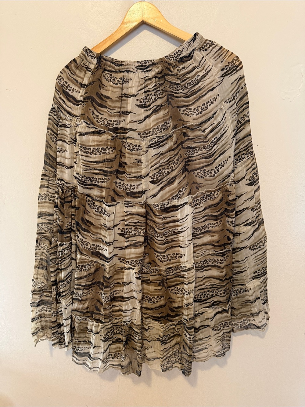 Tiered Maxi Skirt in Beige and Black Animal Print
